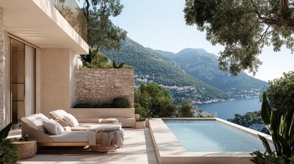 Obraz premium Serene Lakeside Luxury: Panoramic Views of Mountain and Water