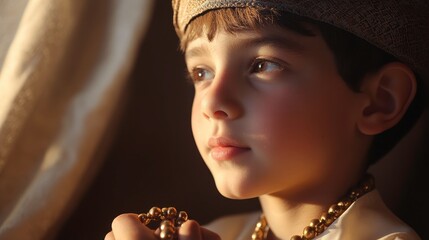 Young Boy in Kufi Hat Holding Prayer Beads in Morning Light