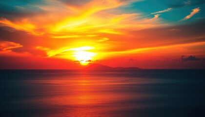 Fototapeta premium Vibrant sunset over ocean with island silhouette.
