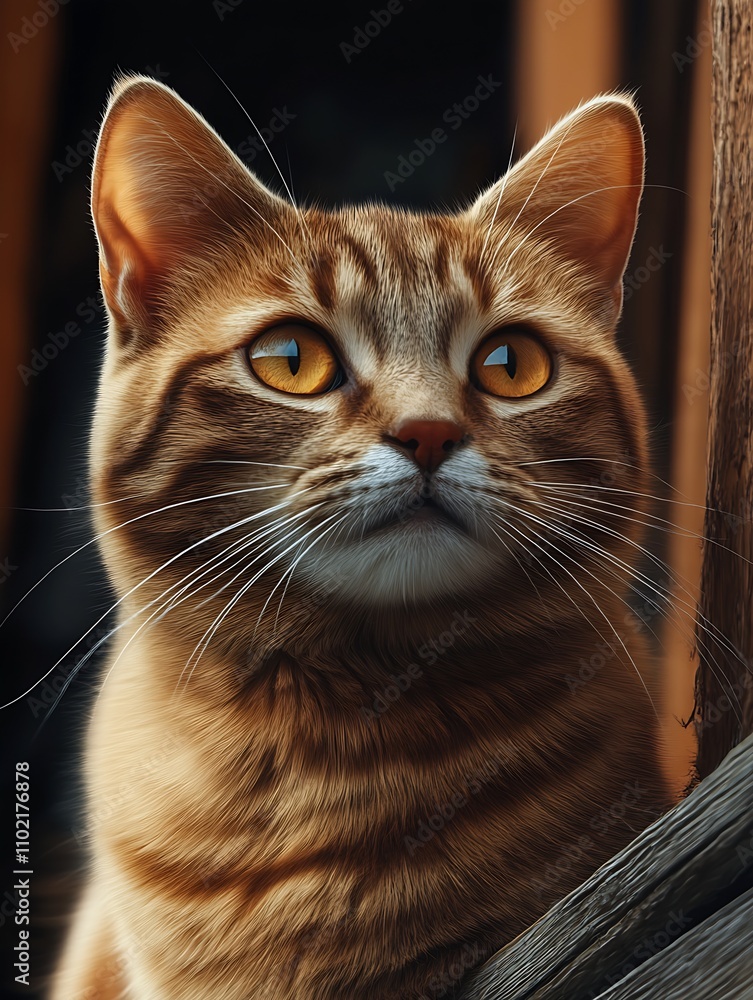Poster expressive ginger cat with piercing amber eyes in intimate portrait setting : generative ai