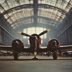 Obraz premium Vintage Aircraft Inside Abandoned Hangar