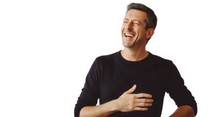 Caucasian man laughing and holding his hand on his stomach, enjoying a joyful moment with a big smile, feeling happiness and amusement