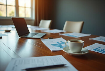 Professional business meeting with laptops and documents.