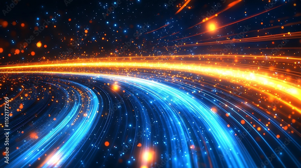 Poster vivid flowing blue and orange light lines creating a cosmic pathway : generative ai