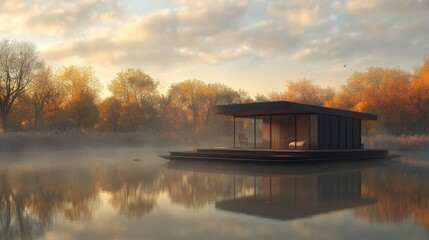 Fototapeta premium Serene Lakeside Retreat: Autumn Sunset Reflections