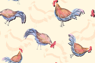 Seamless pattern fighting cock painted with watercolor.Facing encounter rooster for designing fabric patterns and wallpapers.Chicken big cock illustration.Abstract background
