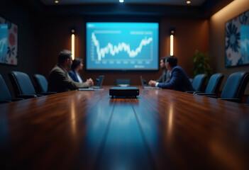 Business meeting with financial data on large screen.