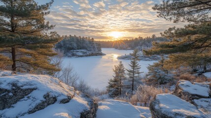 Fototapeta premium Sunrise Over a Frozen Lake in a Snowy Forest