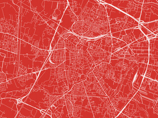 Christmas Map of Padua, Italy in Snowy White on Festive Red Background.