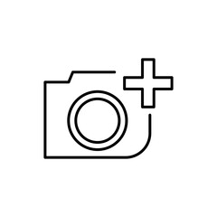 Add photo icon, flat, camera icon with plus, add picture button. flat style pictogram for ui or ux mobile app, design sign logo symbol vector illustration, isolated on white editable