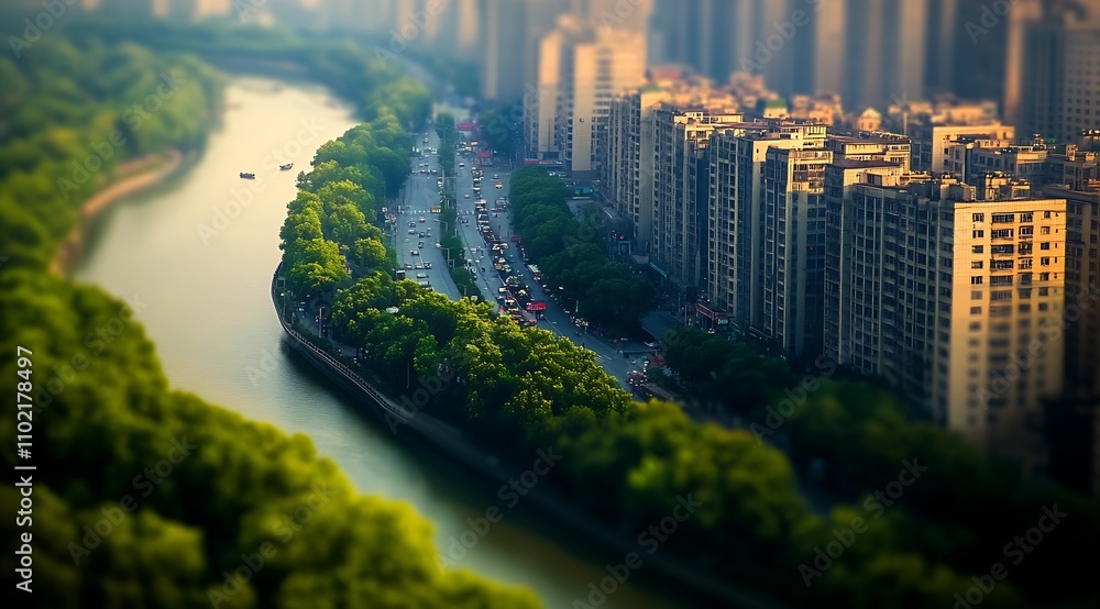 Poster aerial view of urban cityscape with river and modern skyscrapers under soft sunlight : generative ai