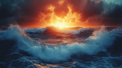 Dramatic sunset over turbulent ocean waves with dark clouds and vibrant colors on the horizon