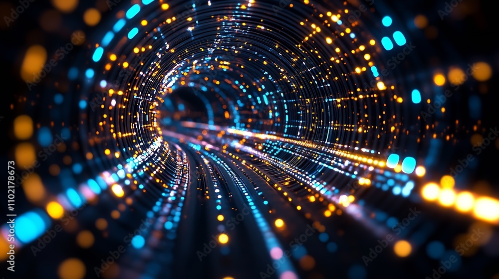 Poster abstract digital tunnel with dynamic neon blue and orange lights : generative ai