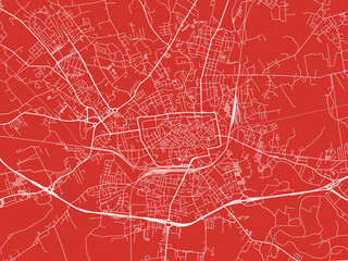 Christmas Map of Treviso, Italy in Snowy White on Festive Red Background.