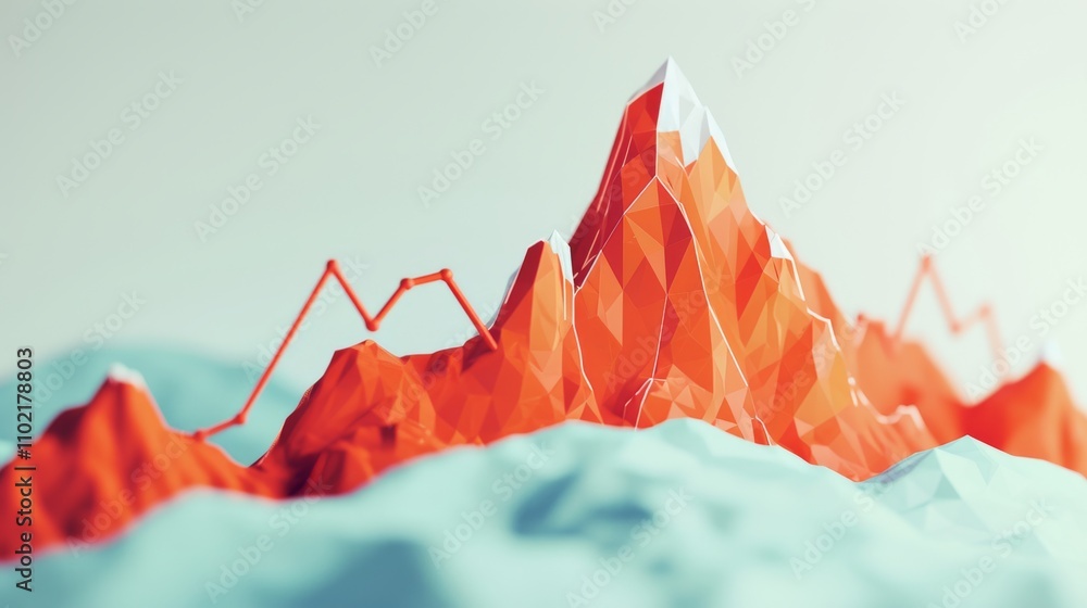Poster a vibrant 3d rendering of a polygonal mountain range in bright orange hues with a chart-like overlay