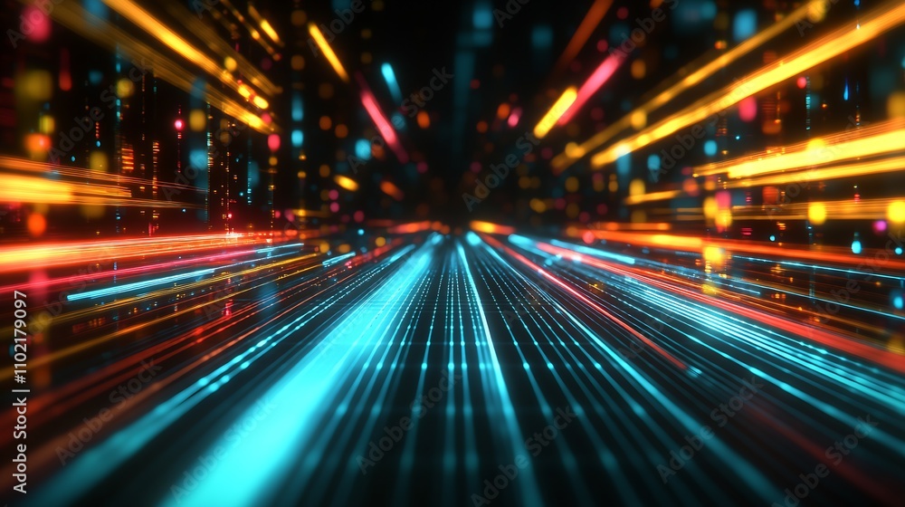 Poster futuristic neon light streaks in a sci-fi cyberpunk style digital background : generative ai