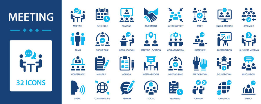 Meeting icons collection. Business meeting and communication sign dig set. Simple flat vector icon.