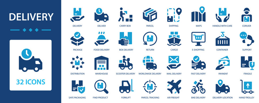 Delivery flat icons collection. Delivery, shipping, logistics and delivery method sign dig set.