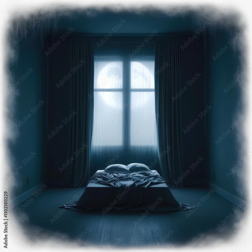 Poster bed with pillows and a large moon in the window