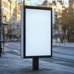 Vertical blank white billboard at bus stop on city street. In the background buildings and road. Mock up. , isolated on white background,  , copy space, copy space for text,