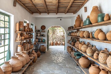 Rustic Artisanal Pottery Workshop Filled with Handcrafted Terracotta Vessels and