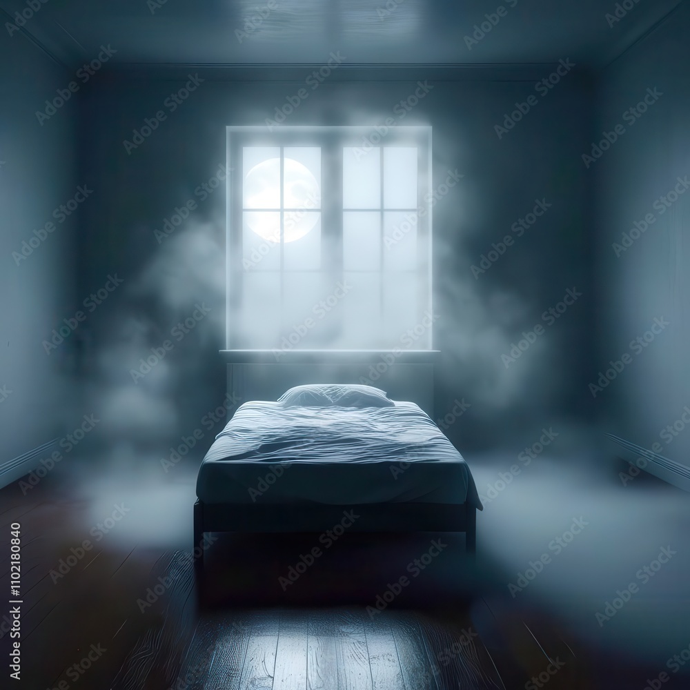 Aufkleber bed with a white sheet and a moon in the window