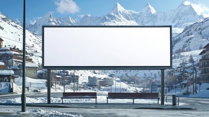 Obraz premium Snowy mountains frame an expansive vertical blank billboard at a bus stop. , isolated on white background, , copy space, copy space for text,