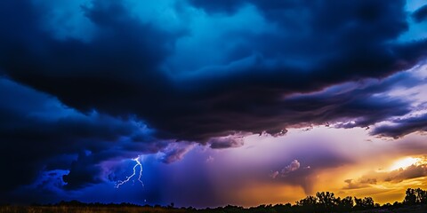 Mystical Thunderstorm and Vibrant Lightning in Evening Sky : Generative AI