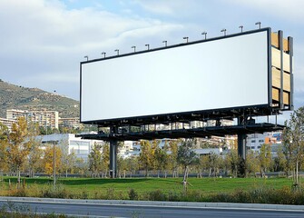 Obraz premium Blank / mockup billboard in the green field next to countryside road against a cloudy blue sky , isolated on white background, , copy space, copy space for text,