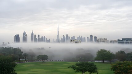 Naklejka premium Foggy Dubai Skyline Cityscape Morning View