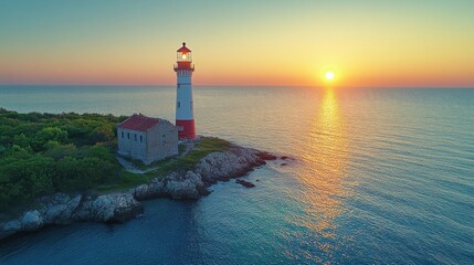 Fototapeta premium A serene sunset view behind a lighthouse on a rocky shore by the calm sea
