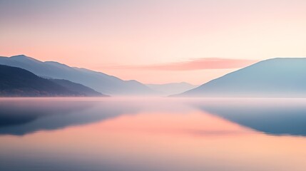 Obraz premium Serene Morning with Mist and Sunrise Over Reflective Lake and Mountains : Generative AI