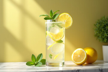 A chilled lemon spritzer in a tall glass with sparkling bubbles, garnished with fresh lemon wedges and mint leaves, sits on a marble countertop