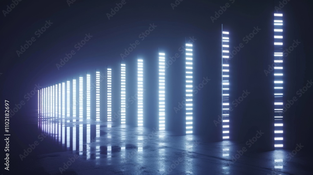 Poster a series of vertical blue led light pillars create a striking and industrial atmosphere in a dark sp