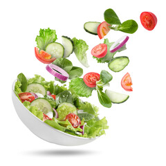 Tasty salad. Fresh ingredients and dish in air on white background