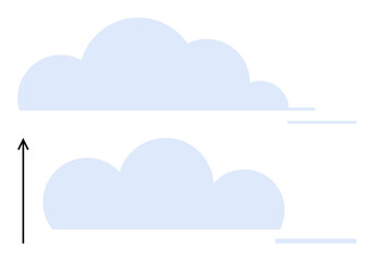 Two large blue clouds with horizontal wind lines and a black vertical arrow. Ideal for themes of weather, movement, environment, nature, travel, abstract, and simplicity. Line metaphor