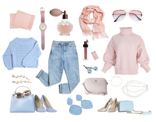 Winter or fall women's outfit. Stylish clothes and accessories on white background. Collection with...