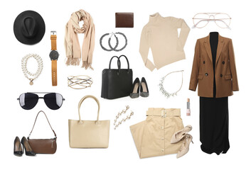 Stylish women's outfit. Beautiful clothes and accessories on white background. Collection with...