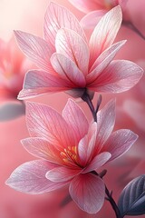 Fototapeta premium Delicate pink flowers with raindrops glistening on their petals, creating a serene and enchanting atmosphere. The soft gradient background enhances their beauty.