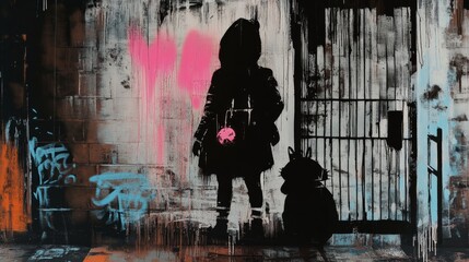 silhouette shadow of a girl wearing cute street fashion hoodie jacket and skirt, unique graffiti oil painting artful illustration with grungy texture