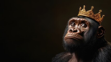 Regal gorilla adorned with a crown exudes majesty against a darkened backdrop in stunning photorealism