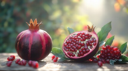 Fresh pomegranates on rustic wooden table with sunlit garden background