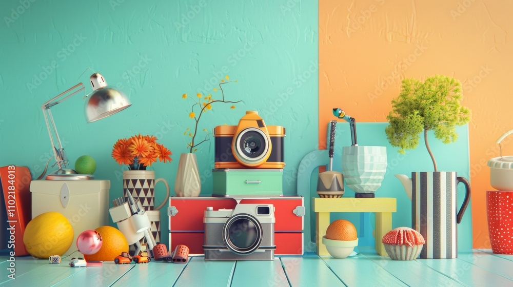 Poster colorful retro objects in a vibrant workspace setting