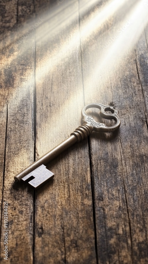 Aufkleber discovering insights through light and a key on a rustic wooden surface