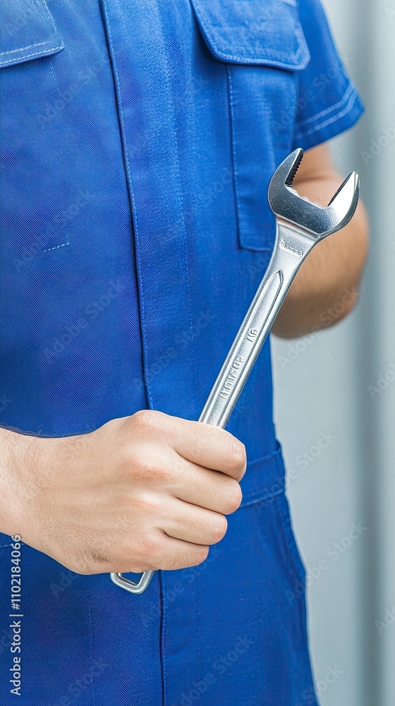 Poster expert mechanic holds a wrench ready for maintenance tasks in a bright workshop with design space av