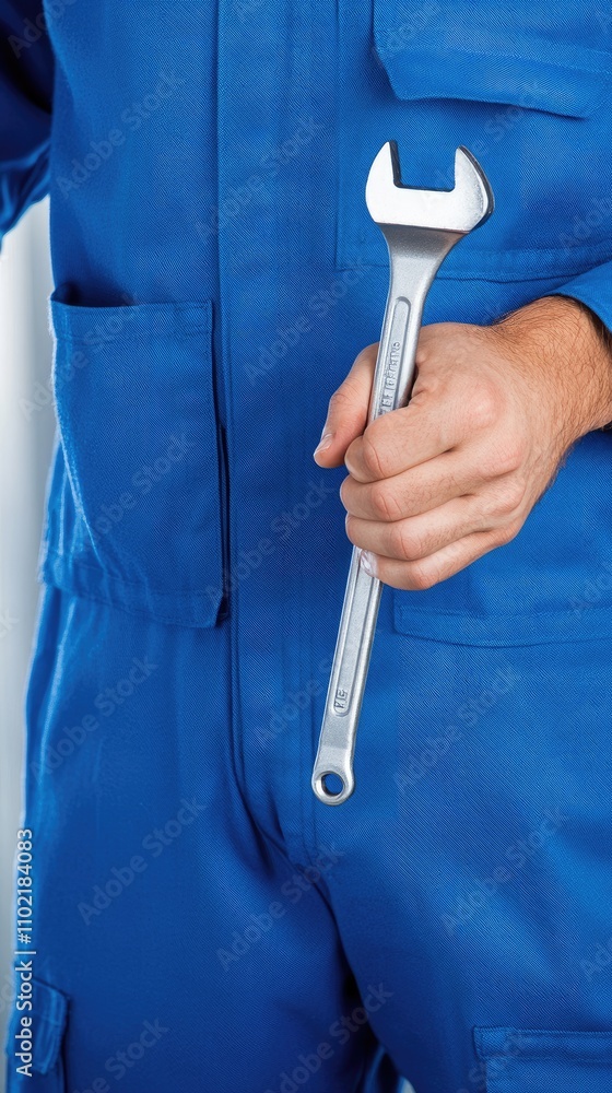Poster professional mechanic in blue uniform holding wrench with bokeh background perfect for web design us