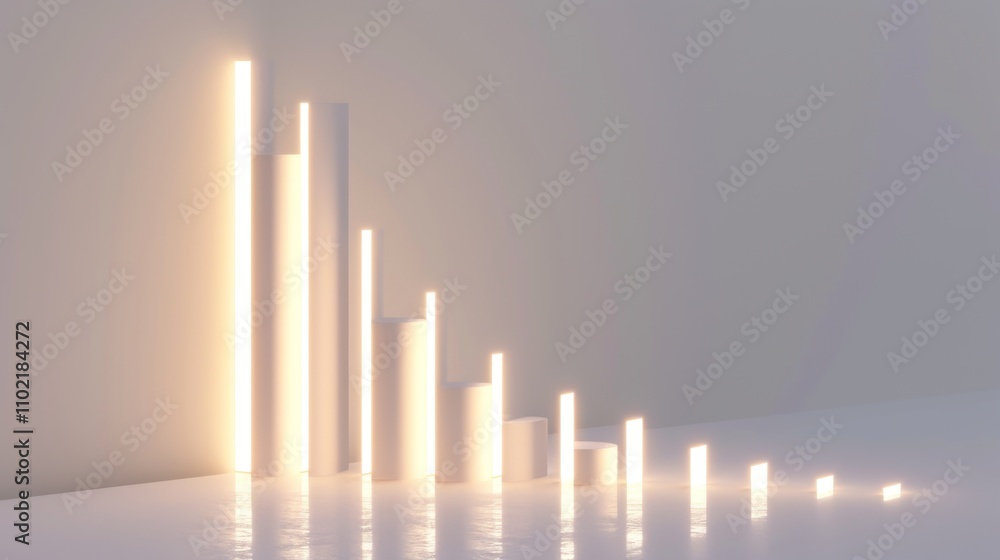 Poster a modern, minimalist bar chart made of vertical glowing neon lights arranged in descending order. th