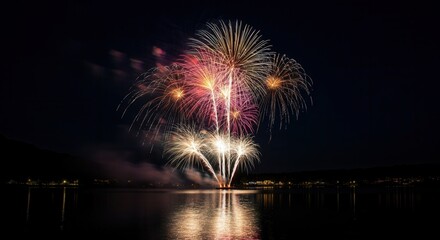 Majestic lakeside fireworks display at night