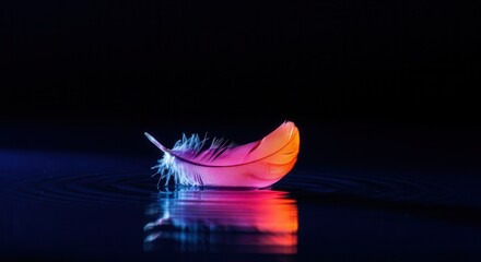 Vibrant feather floating on tranquil water with reflections