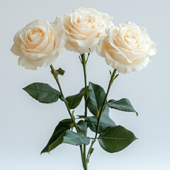 Fototapeta premium Fresh bouquet of three white roses with green leaves, perfect for love, romance, anniversaries, weddings, or elegant gifts for any special occasion or celebration.